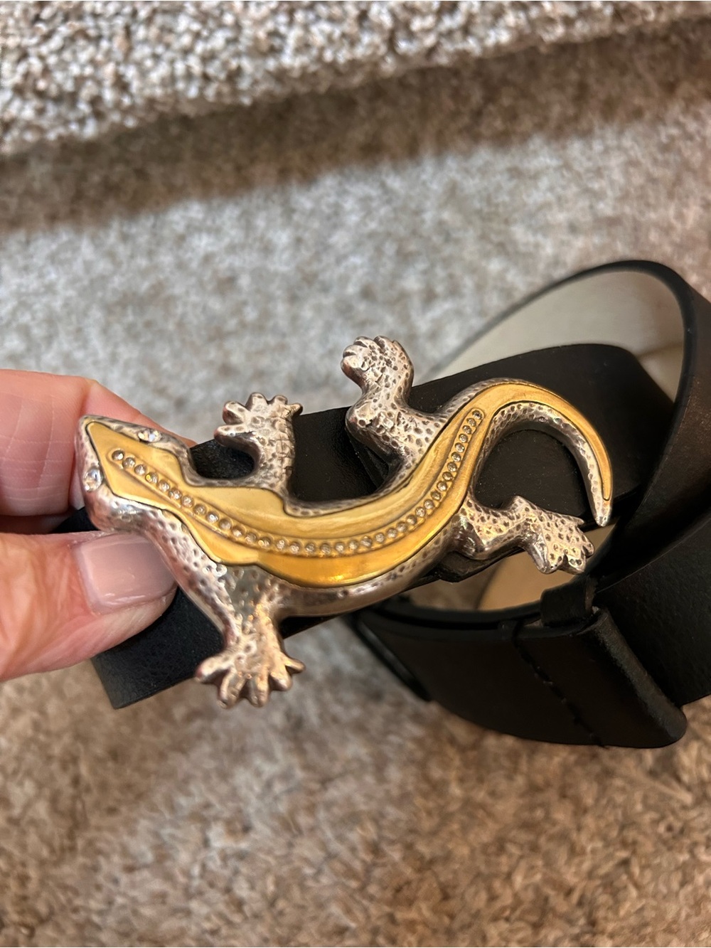 Chico’s Black Leather Belt with Gold and Silver Lizard Gecko Iguana. Jewels. M\L - Picture 2 of 7